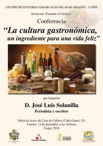 CONFERENCIA "La cultura gastronómica, un ingrediente para una vida feliz" @ Salón de actos Casa de Cultura | Caspe | Aragón | España